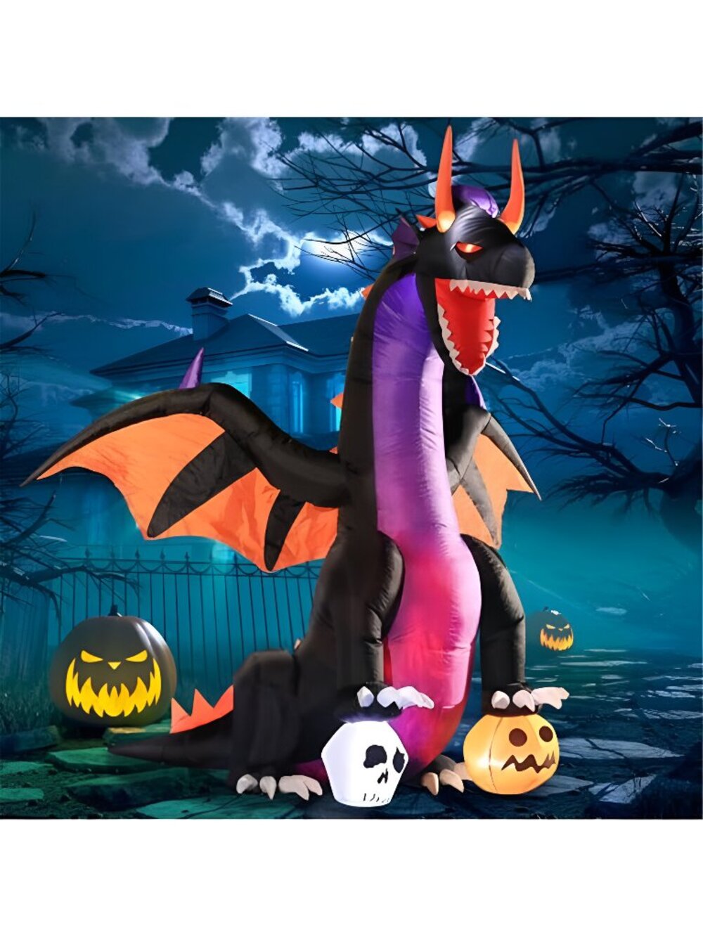 7 FT Halloween Inflatable Dragon Steps on Pumpkin & Skull Yard